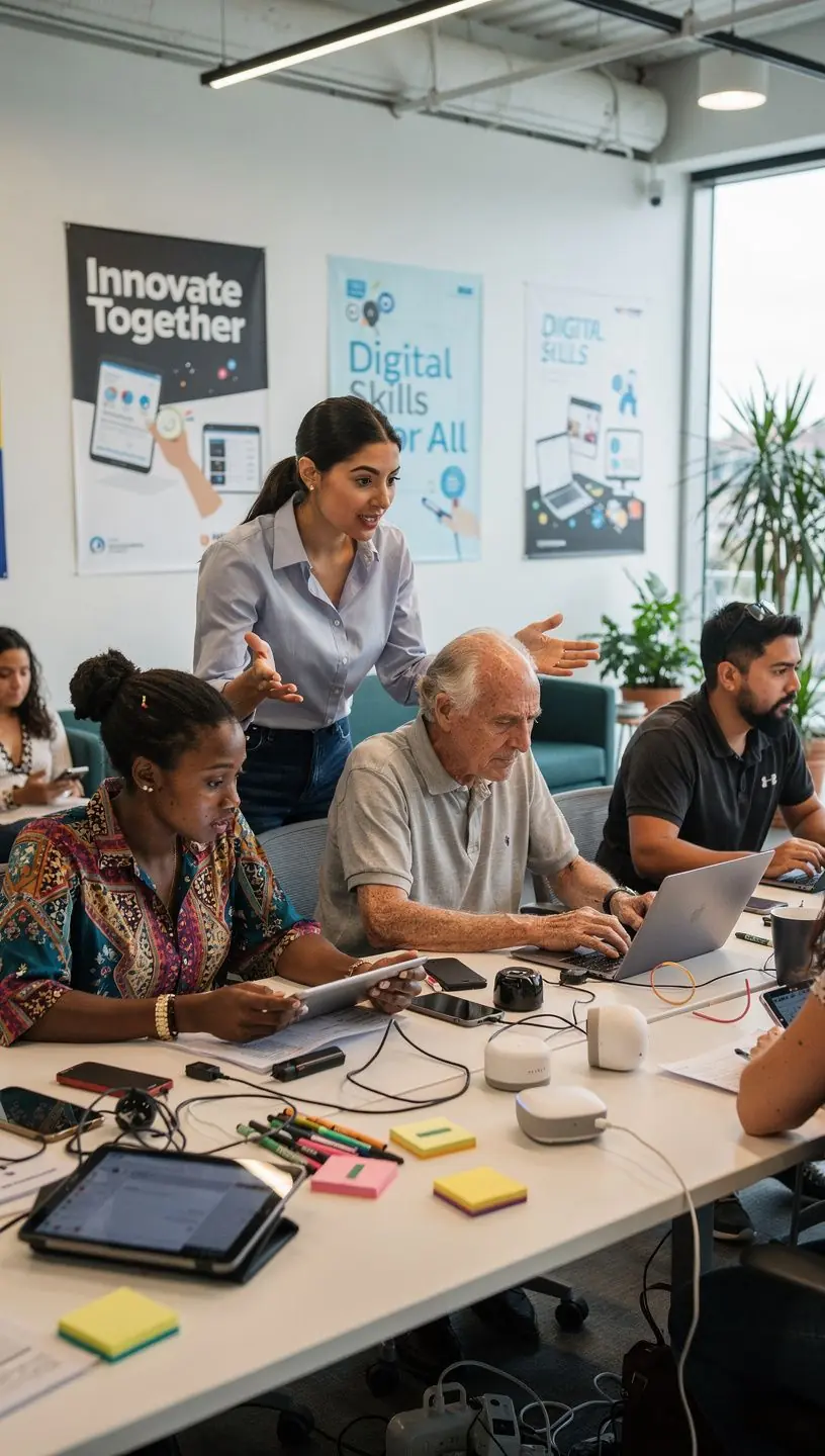 Hands typing on a keyboard with multiple tech gadgets around, illustrating multitasking with new technology.